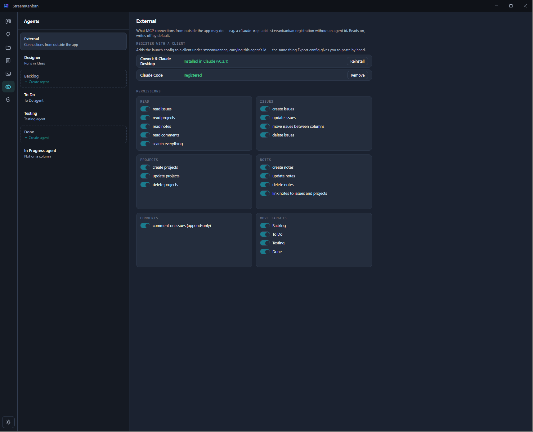 Agents panel: External, Designer, Backlog, To Do, Testing, Done, with per-agent permissions